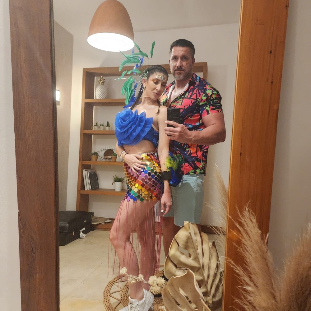 Blue and Red Bubble Mini Skirt with Ruffled Details